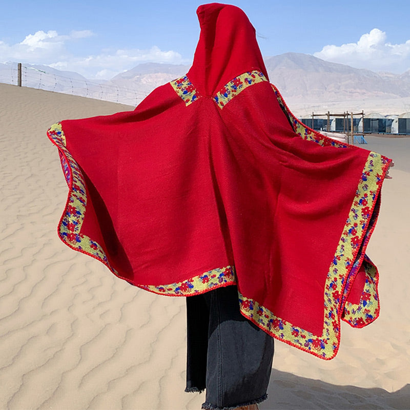 Nimara Ritual Tibetan Shawl Border Small Floral Flower Hooded Cloak Winter Cozy Travel Scarf Wrap