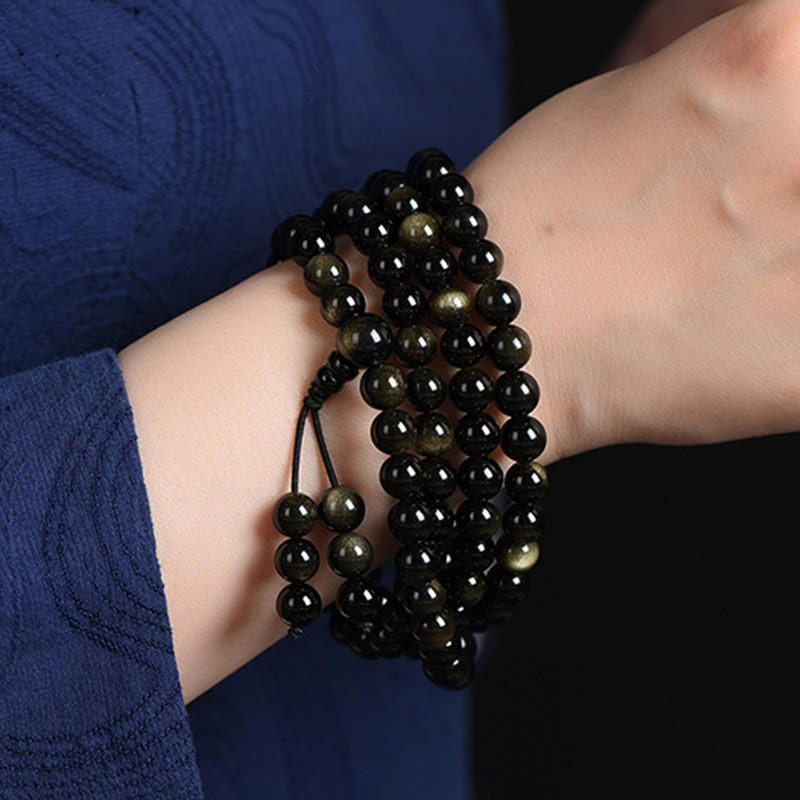 Nimara Ritual 108 Mala Beads Natural Gold Sheen Obsidian Wealth Bracelet