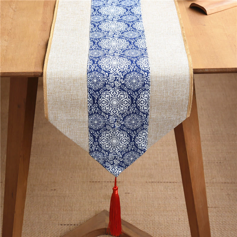 Nimara Ritual Classic Chinese Style Lotus Koi Fish Flower Crane Calligraphy Enlightenment Cotton Linen Tassels Table Runner