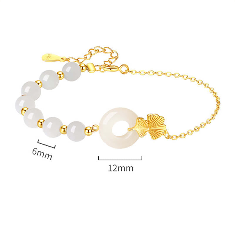 Nimara Ritual 925 Sterling Silver Hetian White Jade Peace Buckle Ginkgo Leaf Luck Bracelet