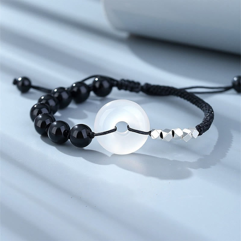 Nimara Ritual 925 Sterling Silver Black Obsidian Agate Peace Buckle Strength Bracelet