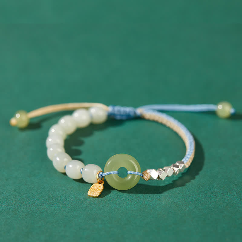 Nimara Ritual 925 Sterling Silver Hetian Jade Peace Buckle Beaded Luck Happiness Charm Bracelet