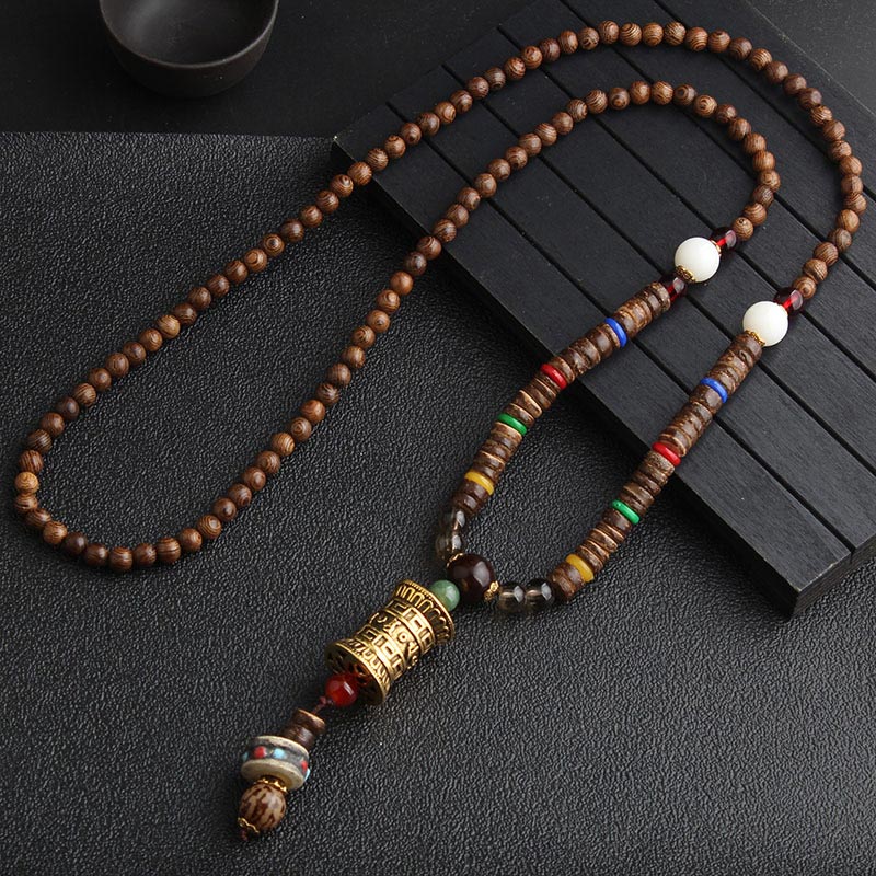 Nimara Ritual Turquoise Dzi Bead Prayer Wheel Wenge Wood Meditation Necklace
