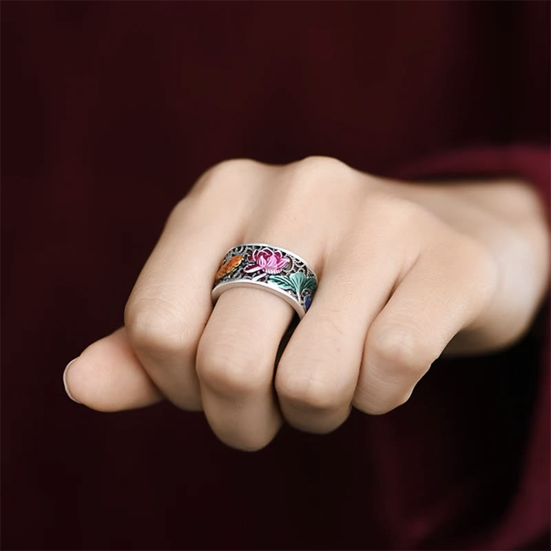Nimara Ritual Copper Blue Enamel Lotus Heart Sutra Koi Fish Luck Ring