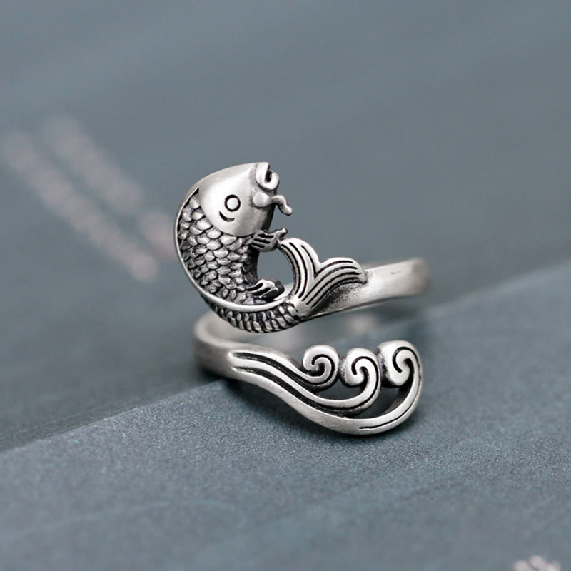 Nimara Ritual 925 Sterling Silver Koi Fish Water Ripple Luck Wealth Ring
