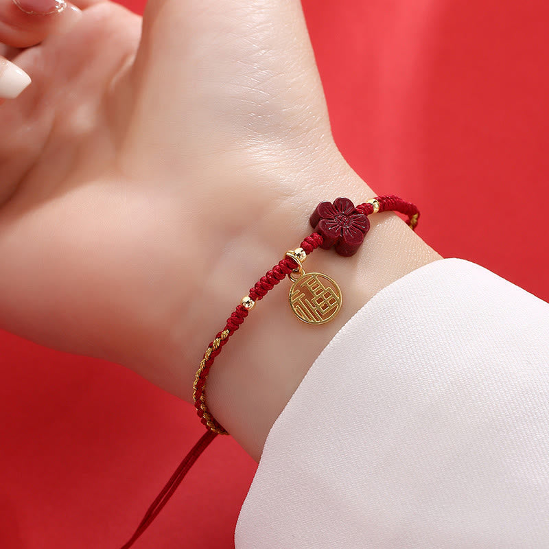 Nimara Ritual Cinnabar Flower Fu Character Blessing Braided String Bracelet