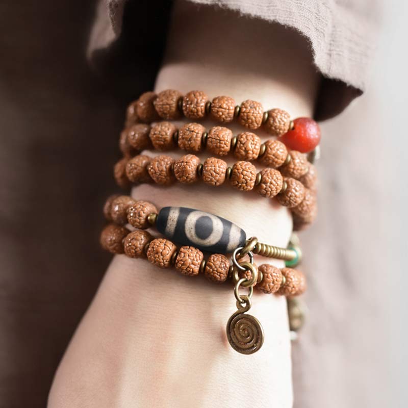 Nimara Ritual 108 Mala Rudraksha Beads Bodhi Seed Dzi Bead Luck Auspiciousness Tassel Bracelet