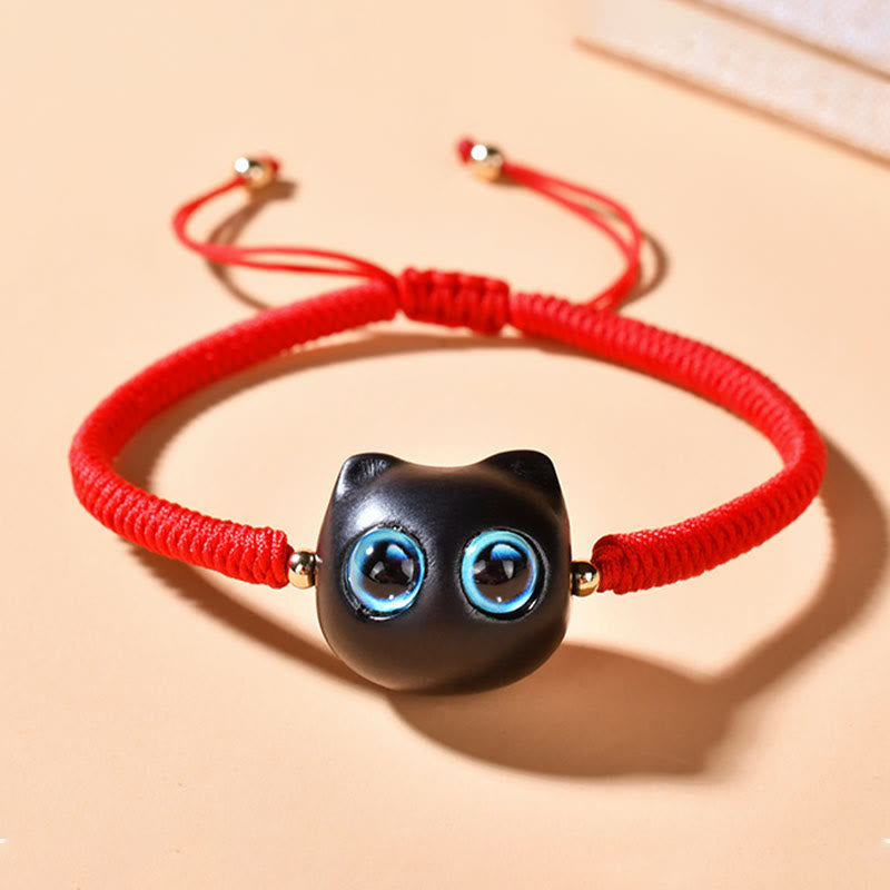 Nimara Ritual Ebony Wood Cat Head Pattern Peace King Kong Knot Braided Bracelet
