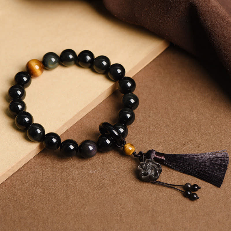 Nimara Ritual Natural Black Obsidian Lion Wrist Mala Protection Tassels Pocket Mala Car Decoration