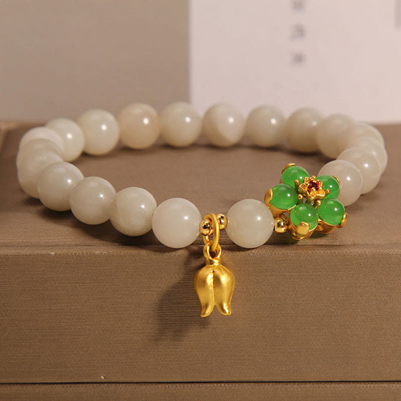 Nimara Ritual Natural Jade Green Flower Lily Of The Valley Luck Bracelet