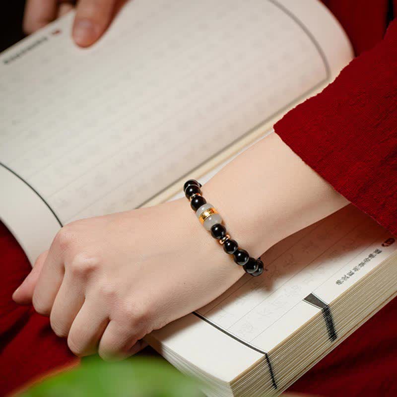 Nimara Ritual Black Obsidian Jade Om Mani Padme Hum Strength Couple Magnetic Bracelet