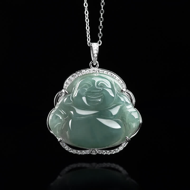 Nimara Ritual Laughing Buddha Natural Jade Luck Necklace Titanium Steel Chain Pendant