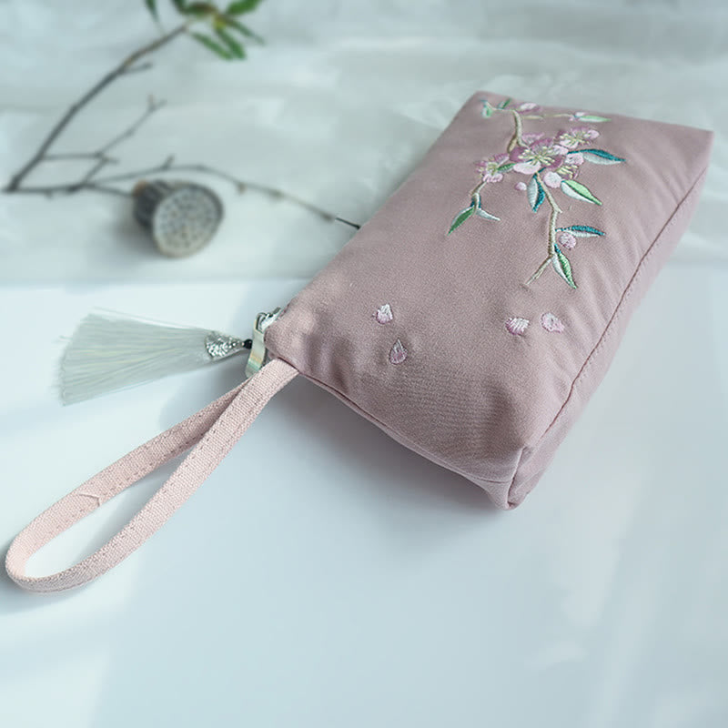 Nimara Ritual Small Flower Plum Cherry Crane Peach Blossom Embroidery Canvas Wallet Shopping Purse