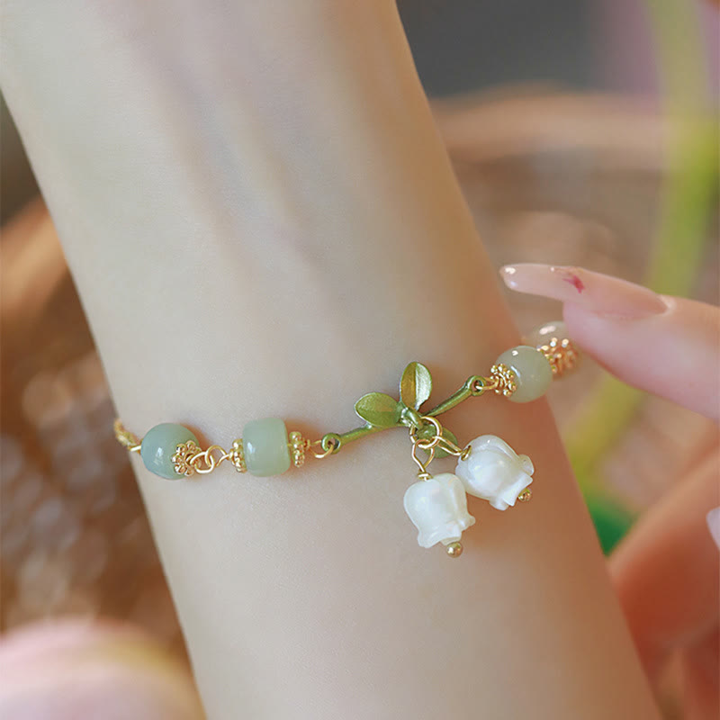 Nimara Ritual Green Jade Bead Lily of the Valley Prosperity Chain Bracelet