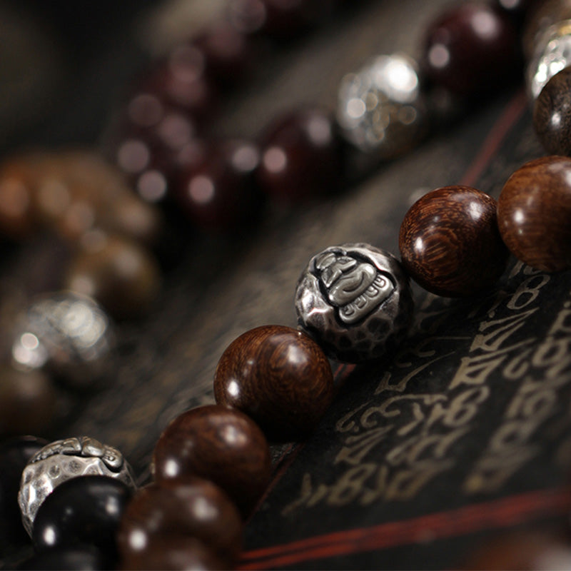 Nimara Ritual 999 Sterling Silver Green Sandalwood Small Leaf Red Sandalwood Buddha Cure Bracelet