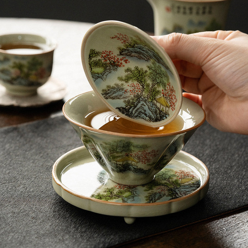 Nimara Ritual Pine Mountain Forest Landscape Ceramic Gaiwan Sancai Teacup Kung Fu Tea Cup And Saucer With Lid