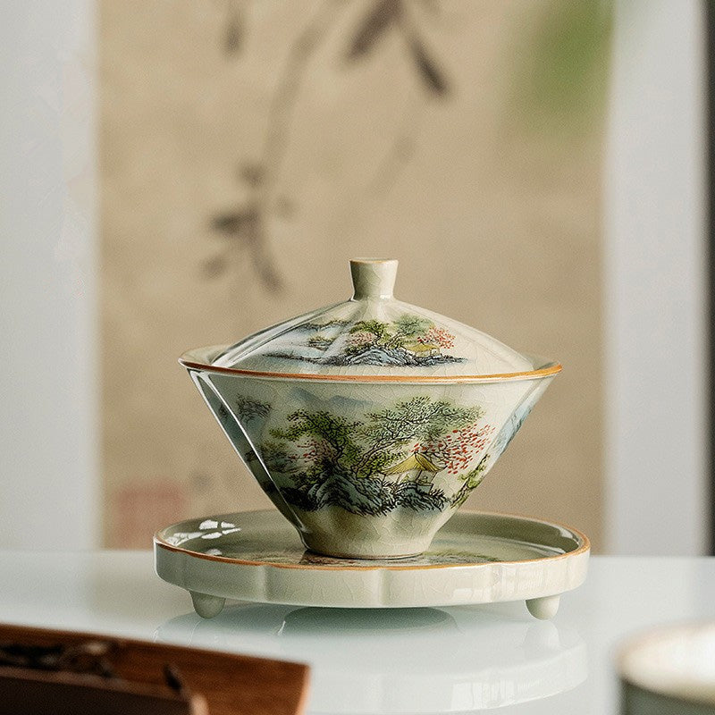 Nimara Ritual Pine Mountain Forest Landscape Ceramic Gaiwan Sancai Teacup Kung Fu Tea Cup And Saucer With Lid