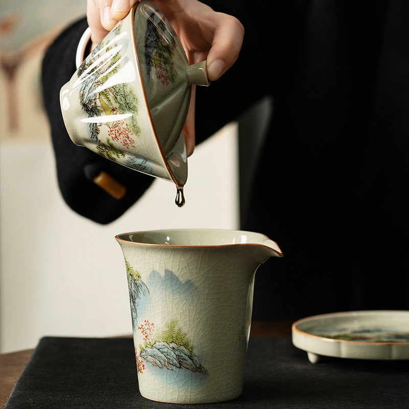 Nimara Ritual Pine Mountain Forest Landscape Ceramic Gaiwan Sancai Teacup Kung Fu Tea Cup And Saucer With Lid