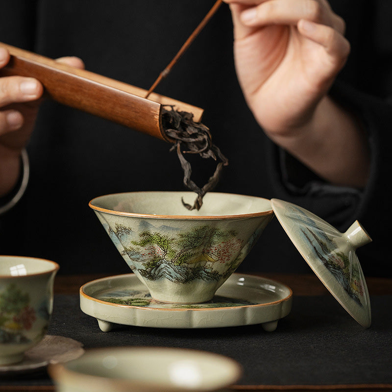 Nimara Ritual Pine Mountain Forest Landscape Ceramic Gaiwan Sancai Teacup Kung Fu Tea Cup And Saucer With Lid