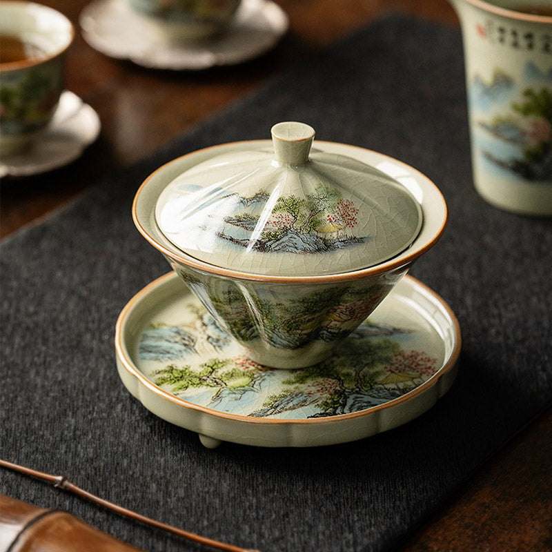 Nimara Ritual Pine Mountain Forest Landscape Ceramic Gaiwan Sancai Teacup Kung Fu Tea Cup And Saucer With Lid
