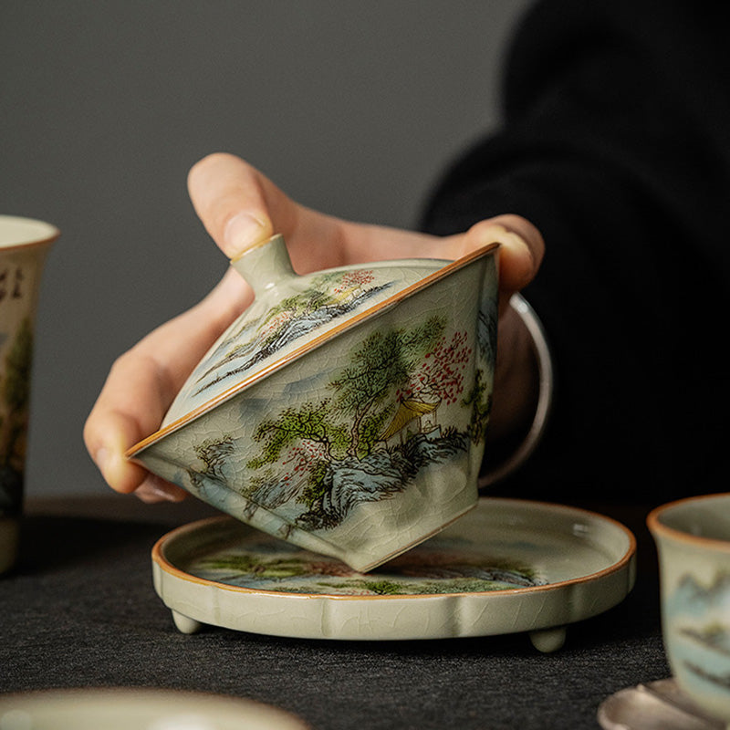 Nimara Ritual Pine Mountain Forest Landscape Ceramic Gaiwan Sancai Teacup Kung Fu Tea Cup And Saucer With Lid