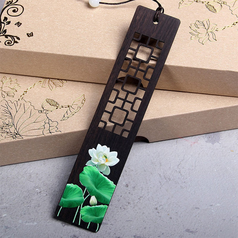 Nimara Ritual Green Lotus Bamboo Oriole Ebony Wood Bookmarks With Gift Box