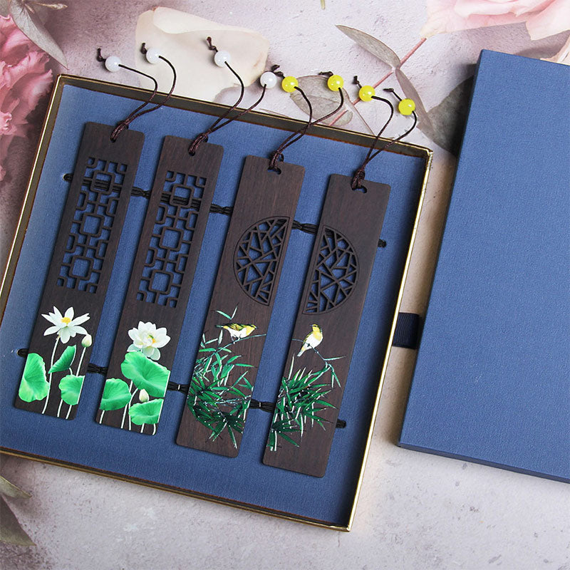 Nimara Ritual Green Lotus Bamboo Oriole Ebony Wood Bookmarks With Gift Box