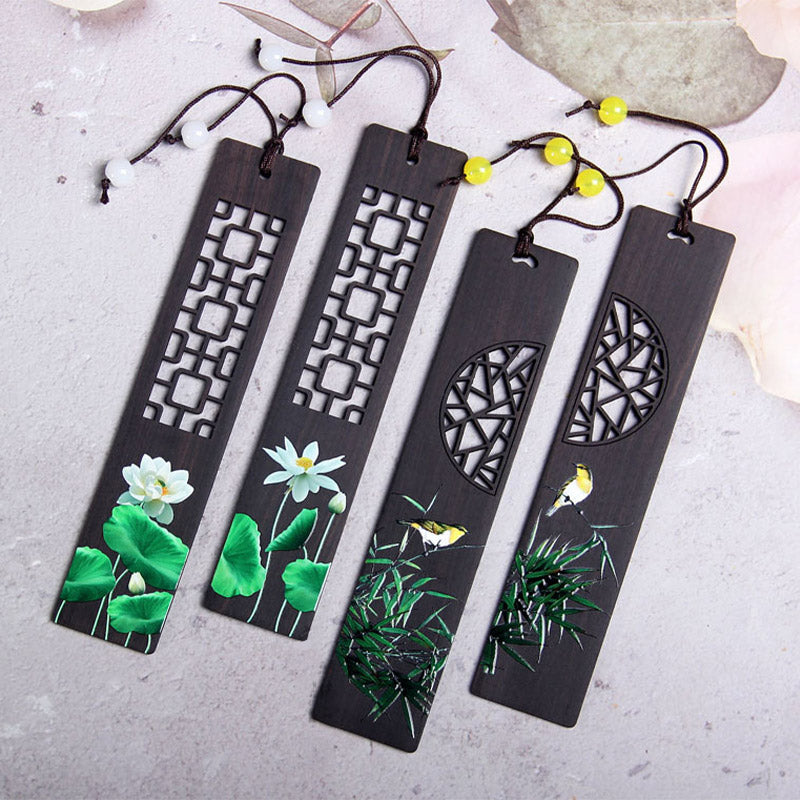 Nimara Ritual Green Lotus Bamboo Oriole Ebony Wood Bookmarks With Gift Box