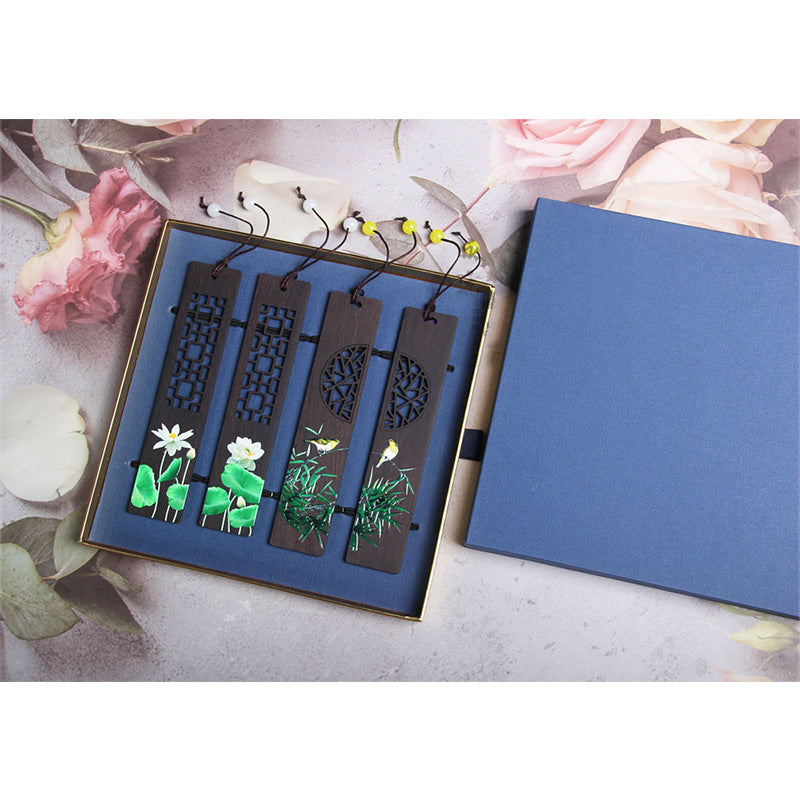 Nimara Ritual Green Lotus Bamboo Oriole Ebony Wood Bookmarks With Gift Box