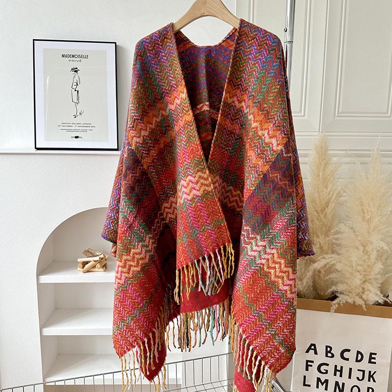 Nimara Ritual Tibetan Shawl Colorful Wavy Striped Shapes Tassels Winter Cozy Travel Scarf Wrap