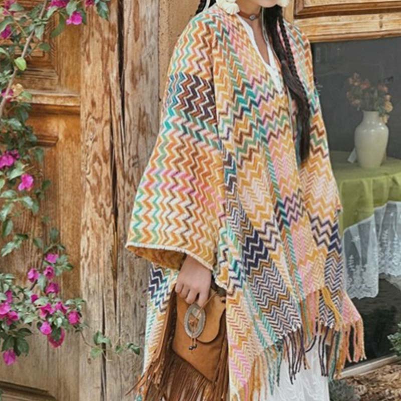 Nimara Ritual Tibetan Shawl Colorful Wavy Striped Shapes Tassels Winter Cozy Travel Scarf Wrap