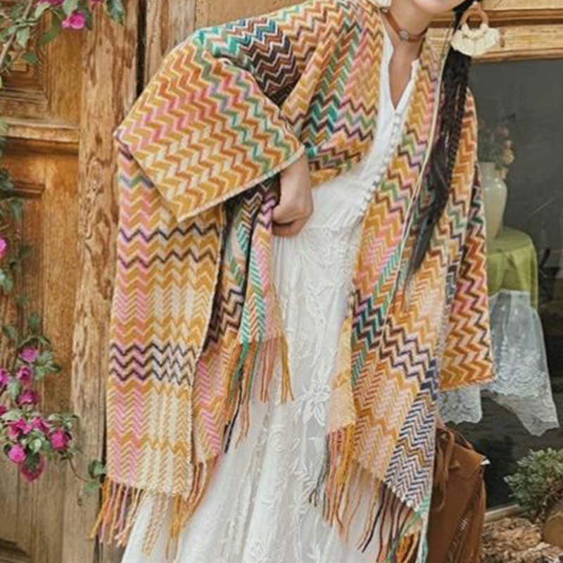 Nimara Ritual Tibetan Shawl Colorful Wavy Striped Shapes Tassels Winter Cozy Travel Scarf Wrap