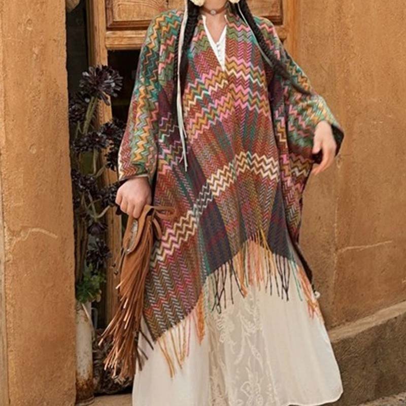 Nimara Ritual Tibetan Shawl Colorful Wavy Striped Shapes Tassels Winter Cozy Travel Scarf Wrap