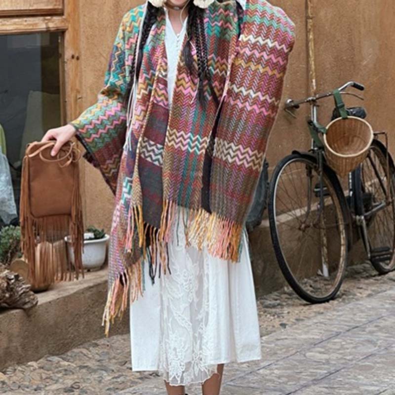 Nimara Ritual Tibetan Shawl Colorful Wavy Striped Shapes Tassels Winter Cozy Travel Scarf Wrap