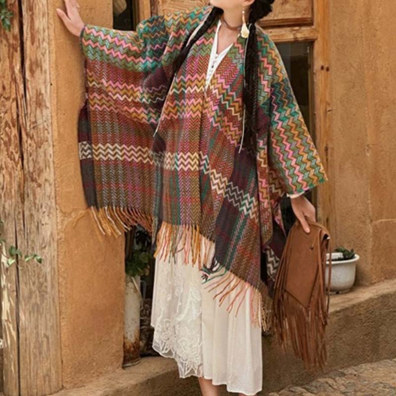 Nimara Ritual Tibetan Shawl Colorful Wavy Striped Shapes Tassels Winter Cozy Travel Scarf Wrap