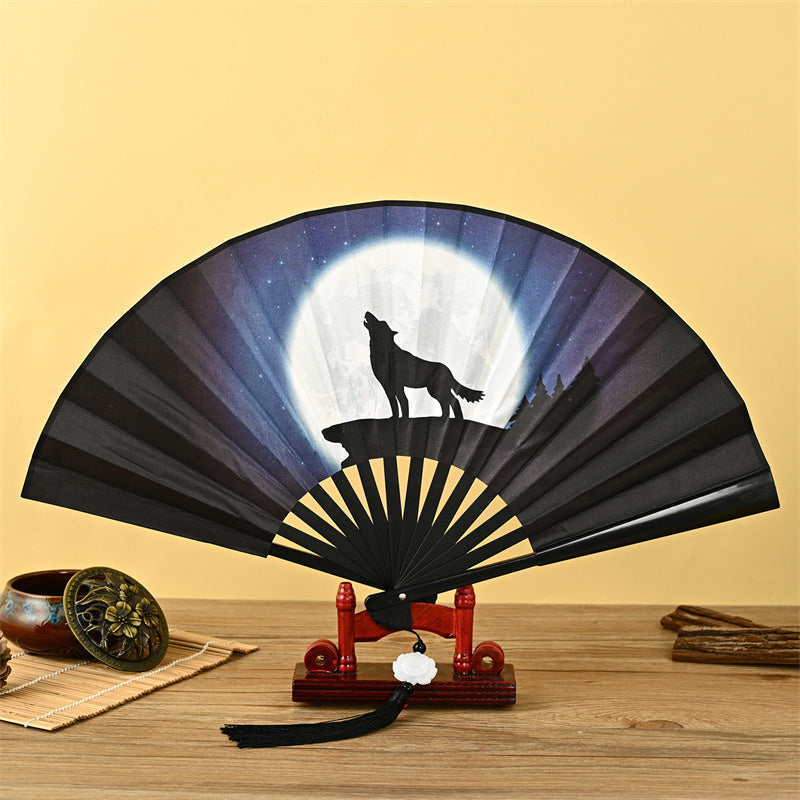 Nimara Ritual Dragon Phoenix Tiger Crane Eagle Wolf Koi Fish Handheld Folding Fan Lotus Tassel Fan