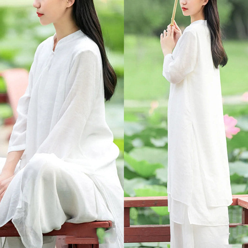 Nimara Ritual 2Pcs White Tai Chi Meditation Yoga Zen Cotton Linen Clothing Top Pants Women's Set