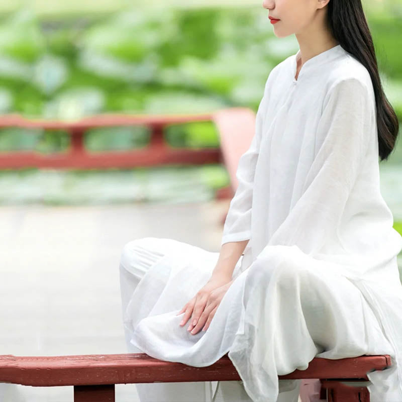 Nimara Ritual 2Pcs White Tai Chi Meditation Yoga Zen Cotton Linen Clothing Top Pants Women's Set