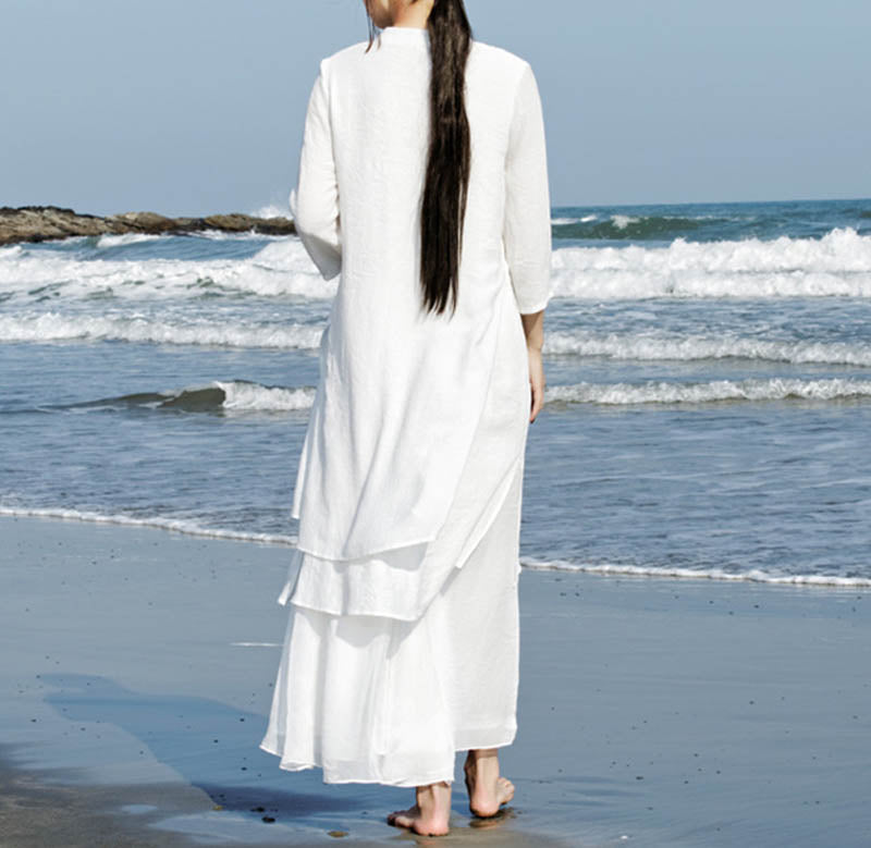 Nimara Ritual 2Pcs White Tai Chi Meditation Yoga Zen Cotton Linen Clothing Top Pants Women's Set