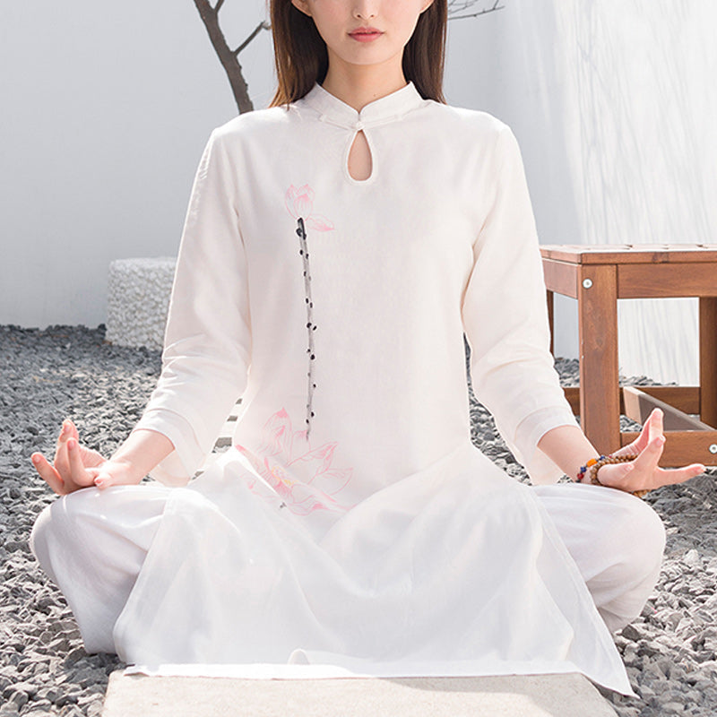 Nimara Ritual 2Pcs Lotus Pattern Tai Chi Meditation Yoga Cotton Linen Clothing Top Pants Women's Set