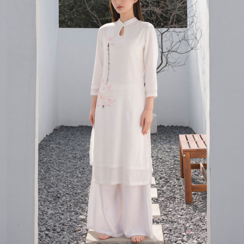 Nimara Ritual 2Pcs Lotus Pattern Tai Chi Meditation Yoga Cotton Linen Clothing Top Pants Women's Set