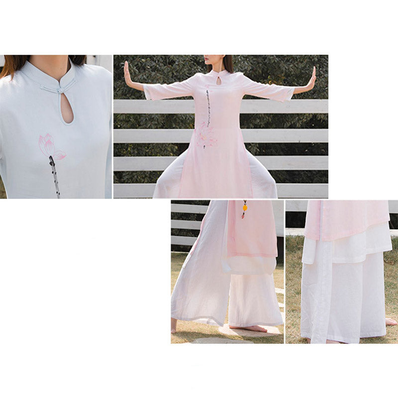 Nimara Ritual 2Pcs Lotus Pattern Tai Chi Meditation Yoga Cotton Linen Clothing Top Pants Women's Set