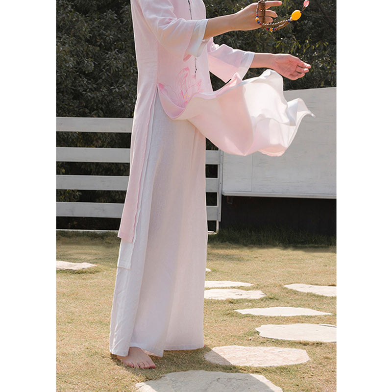 Nimara Ritual 2Pcs Lotus Pattern Tai Chi Meditation Yoga Cotton Linen Clothing Top Pants Women's Set