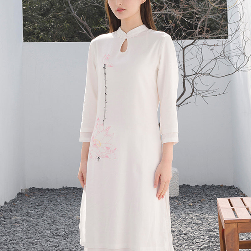 Nimara Ritual 2Pcs Lotus Pattern Tai Chi Meditation Yoga Cotton Linen Clothing Top Pants Women's Set