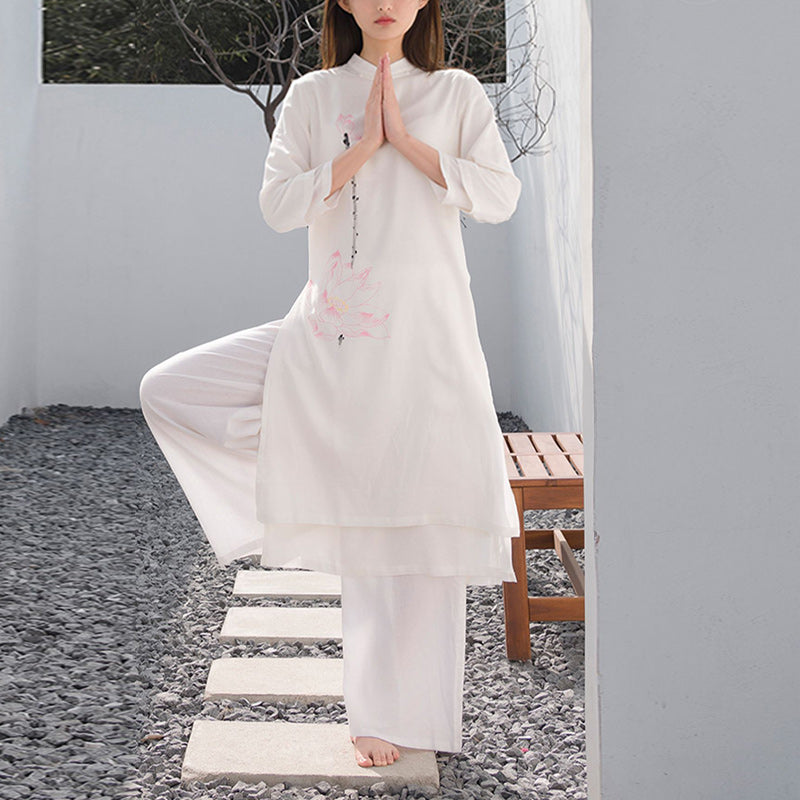 Nimara Ritual 2Pcs Lotus Pattern Tai Chi Meditation Yoga Cotton Linen Clothing Top Pants Women's Set