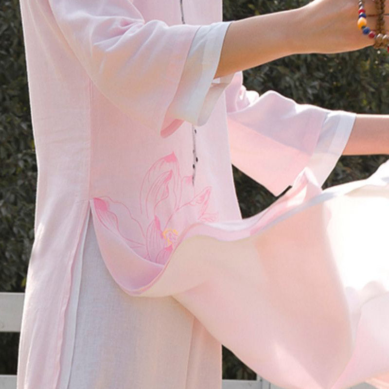 Nimara Ritual 2Pcs Lotus Pattern Tai Chi Meditation Yoga Cotton Linen Clothing Top Pants Women's Set