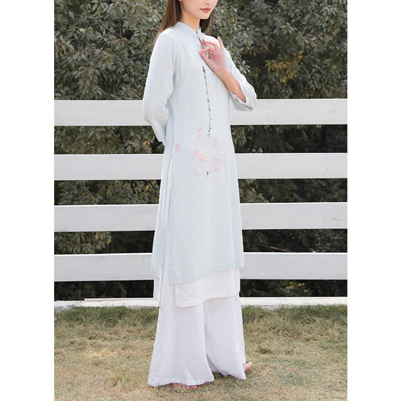 Nimara Ritual 2Pcs Lotus Pattern Tai Chi Meditation Yoga Cotton Linen Clothing Top Pants Women's Set