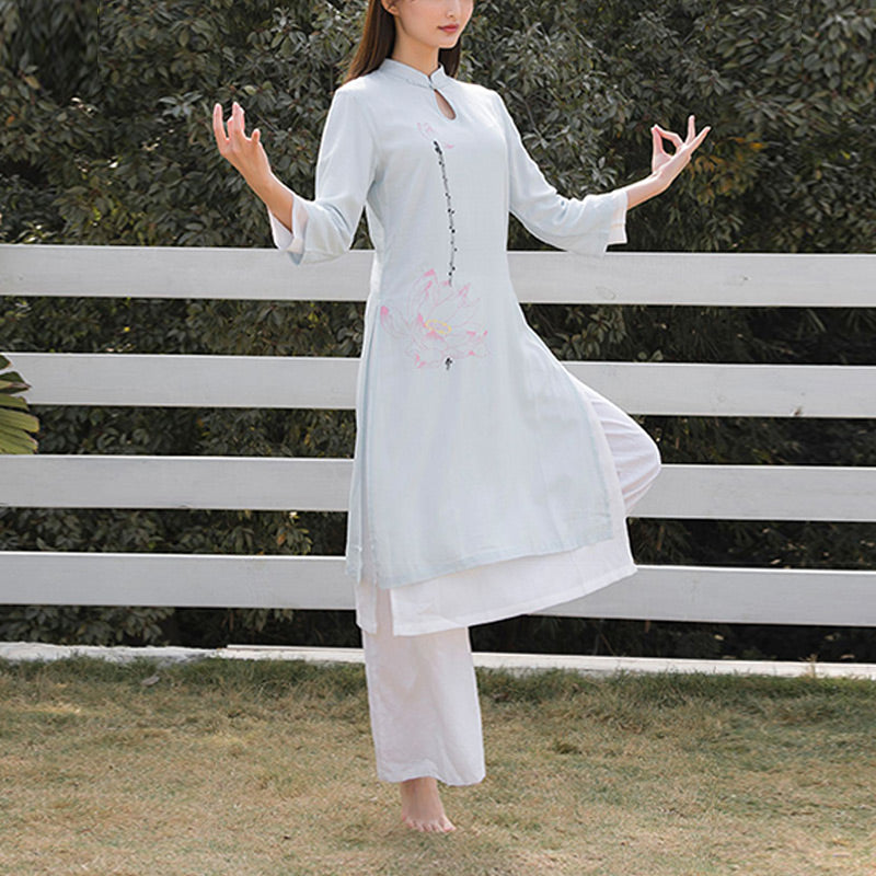 Nimara Ritual 2Pcs Lotus Pattern Tai Chi Meditation Yoga Cotton Linen Clothing Top Pants Women's Set