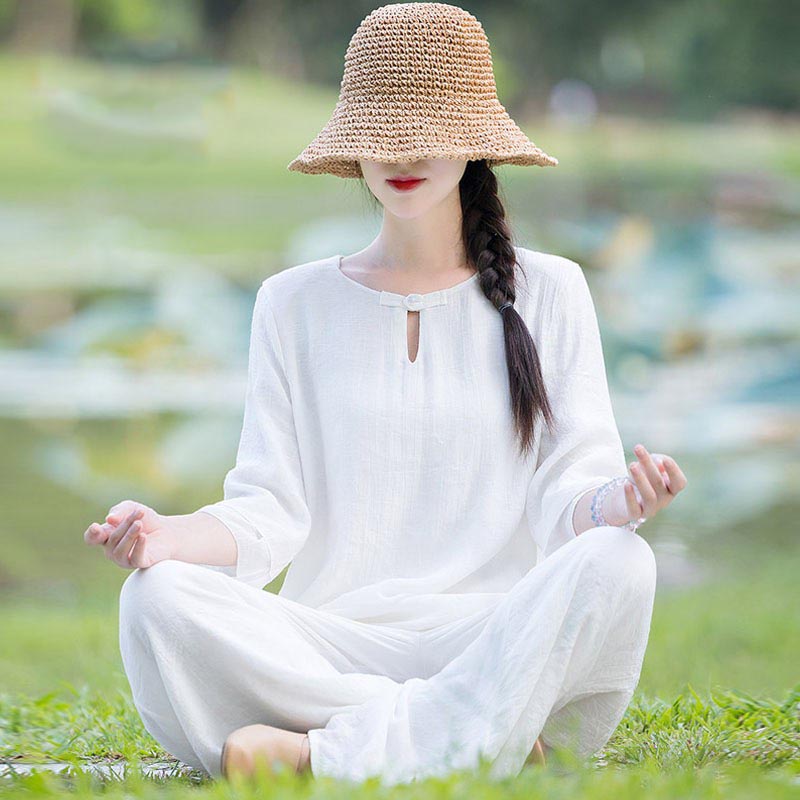 Nimara Ritual 2Pcs Plain Design Top Pants Meditation Yoga Zen Tai Chi Cotton Linen Clothing Women's Set