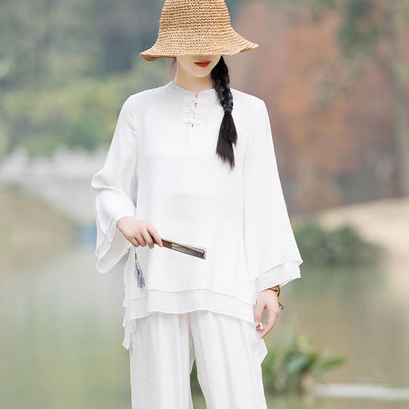 Nimara Ritual 2Pcs Plain Design Top Pants Meditation Yoga Zen Tai Chi Cotton Linen Clothing Women's Set